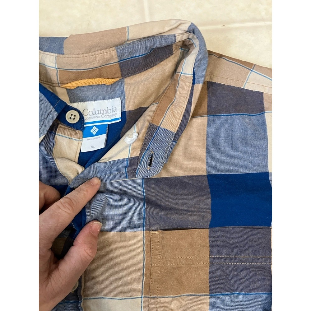 Columbia Mens Blue Tan plaid Shirt Button Down Sz XL Long Sleeve Cotton